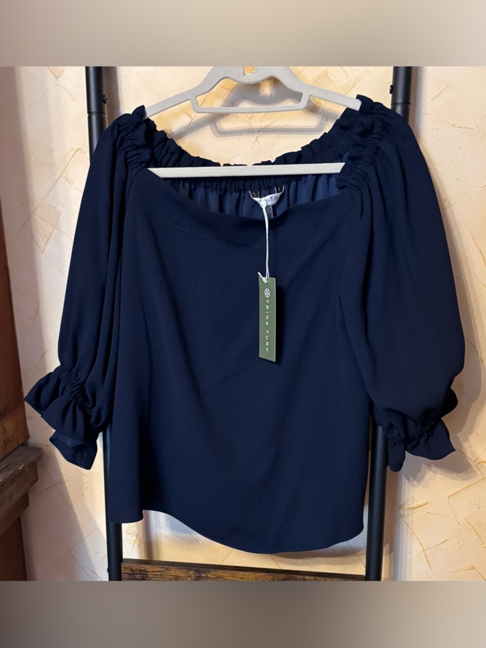 Trina Turk Navy Off-Shoulder Peasant Blouse Size M
